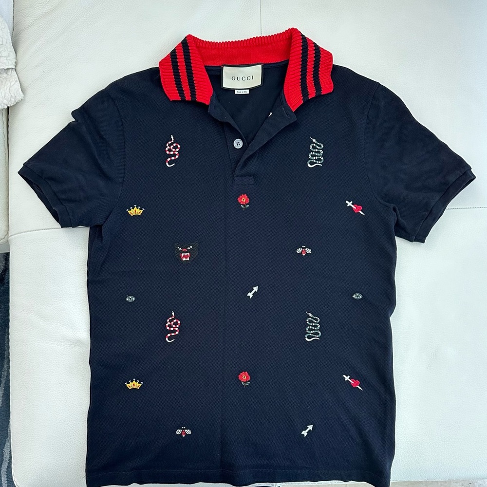 Gucci Black Polo with Red Striped Collar and Multicolor Embroidered Motifs